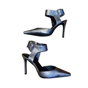 DKNY Belka Pointed Toe Pump Metallic Pewter Size 8 Ankle Strap 3.5 Stiletto Heel